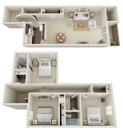 Sturbridge Townhomes 3 Bed/2.5 Bath 1350 Sq Ft 3D Floor Plan